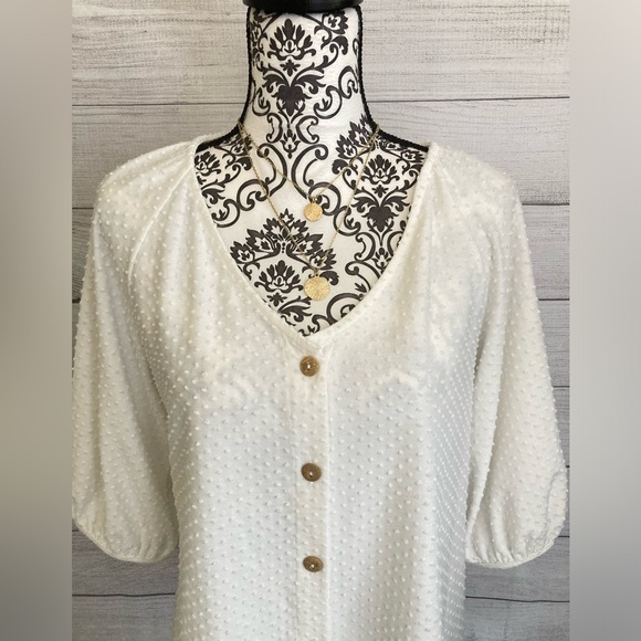 W5 | Women’s White Swiss Dot V-Neck 3/4 Sleeve Button Down Blouse - Picture 2 of 7